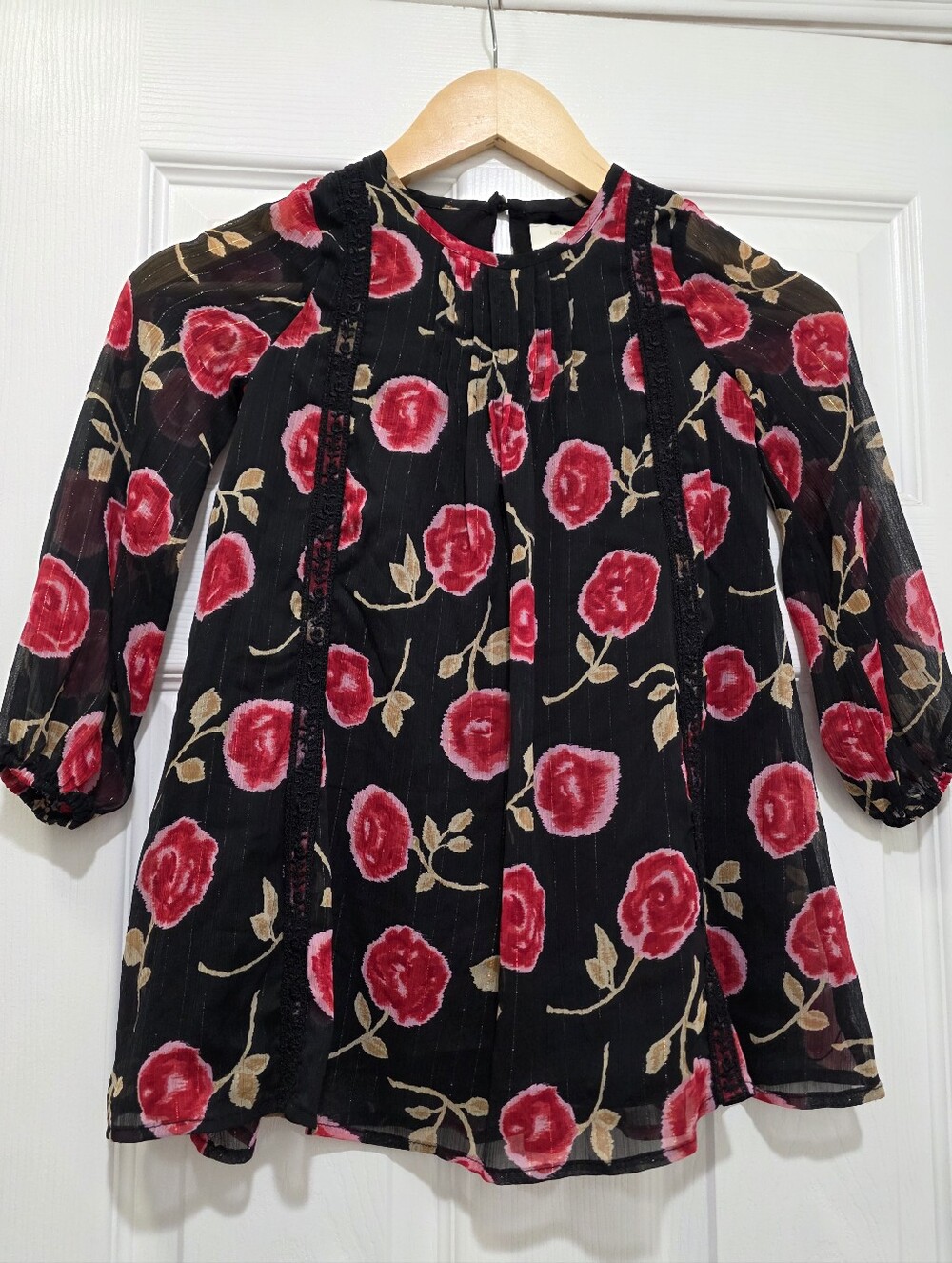 Kate Spade Little Girls Black Floral Long Sleeve Dress with Red Rose Print, 5Y